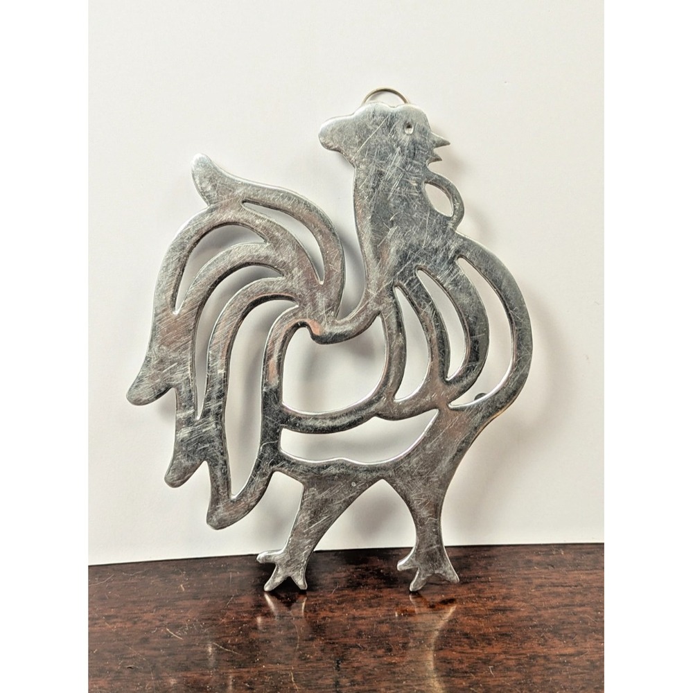 Vintage Silver Tone Metal Rooster Trivet Farmhouse Kitchen Hot Plate Pot Holder